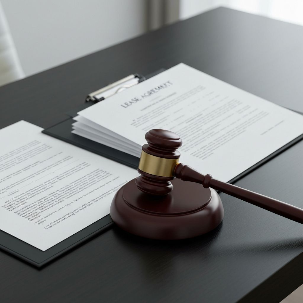 Legal documents including lease agreement with gavel representing Indiana landlord-tenant law
