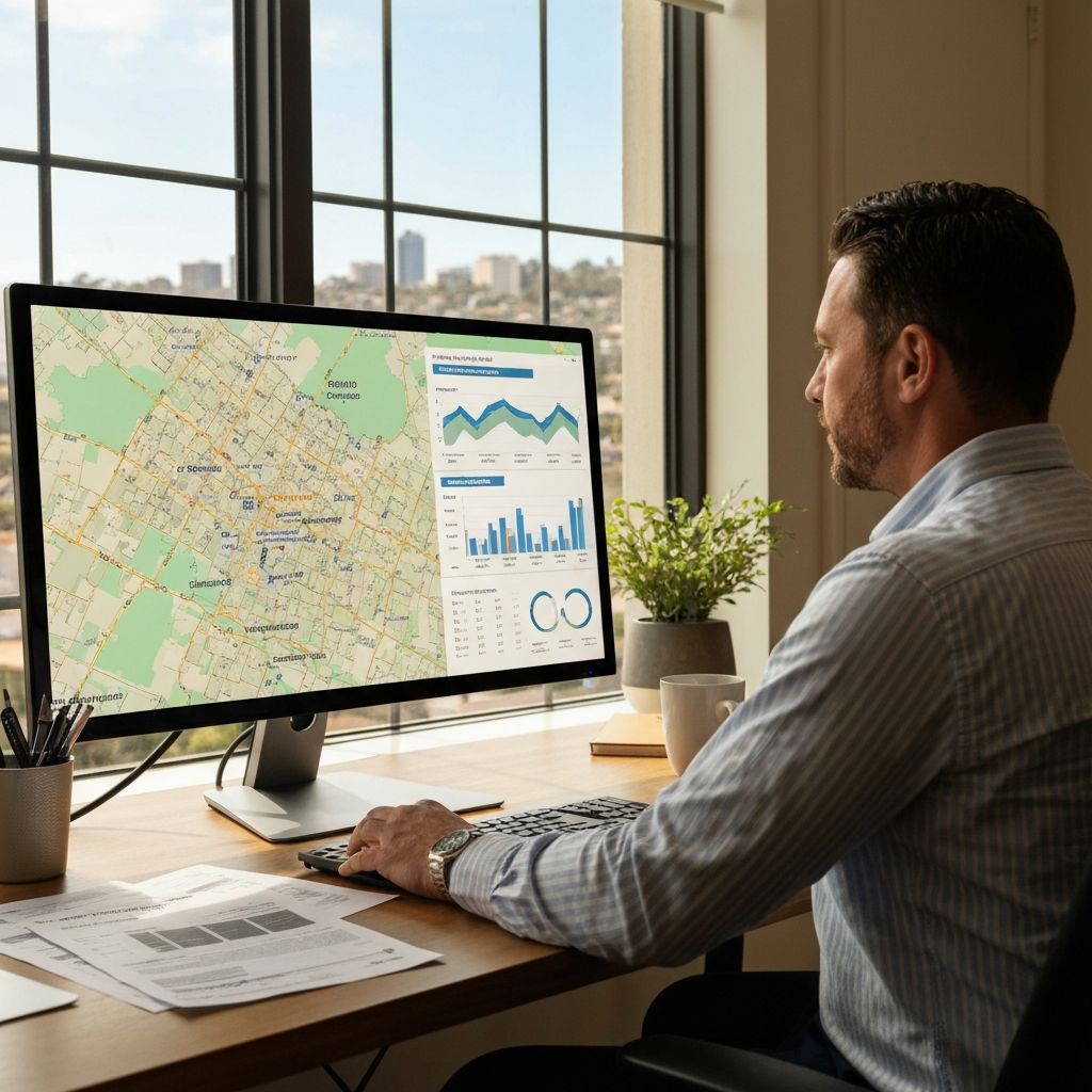 Out-of-state investor reviewing Indianapolis rental portfolio data on a monitor in a modern home office