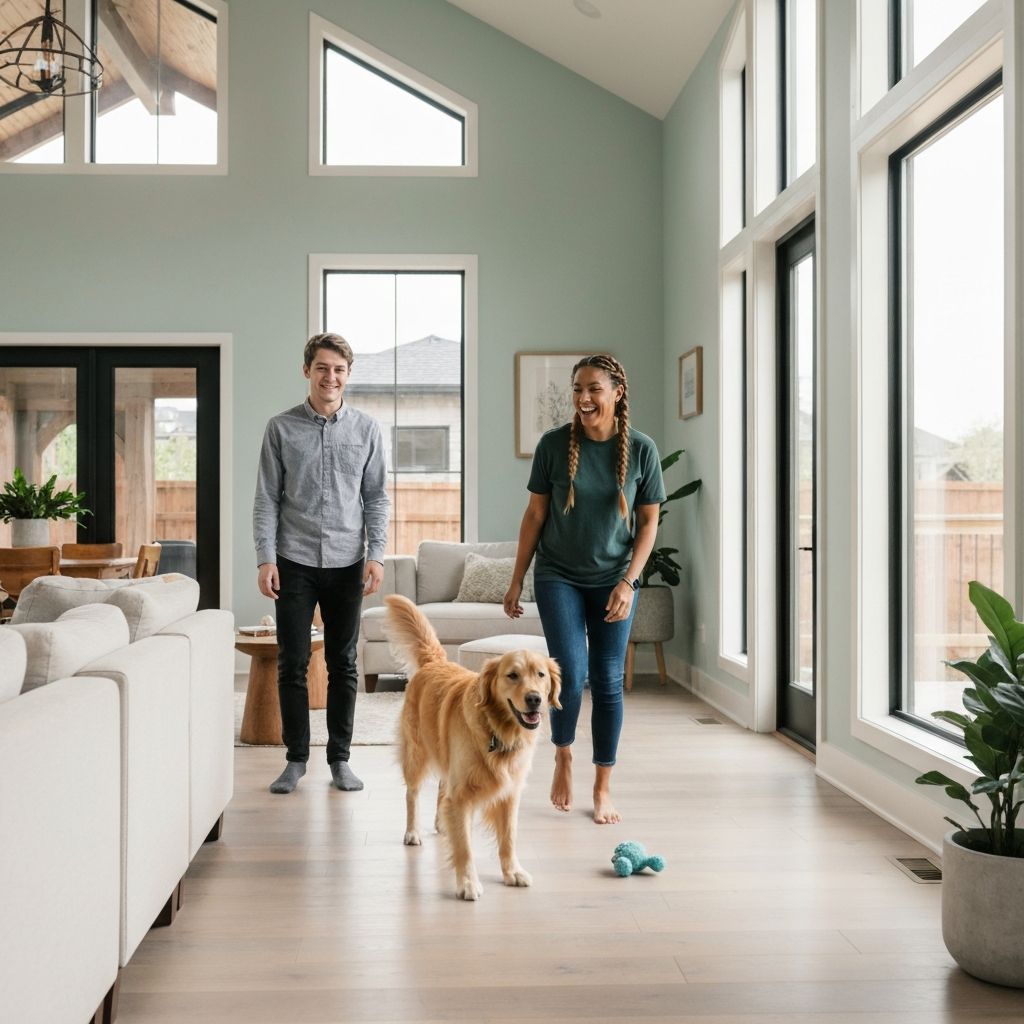 Happy family with dog in pet-friendly rental home