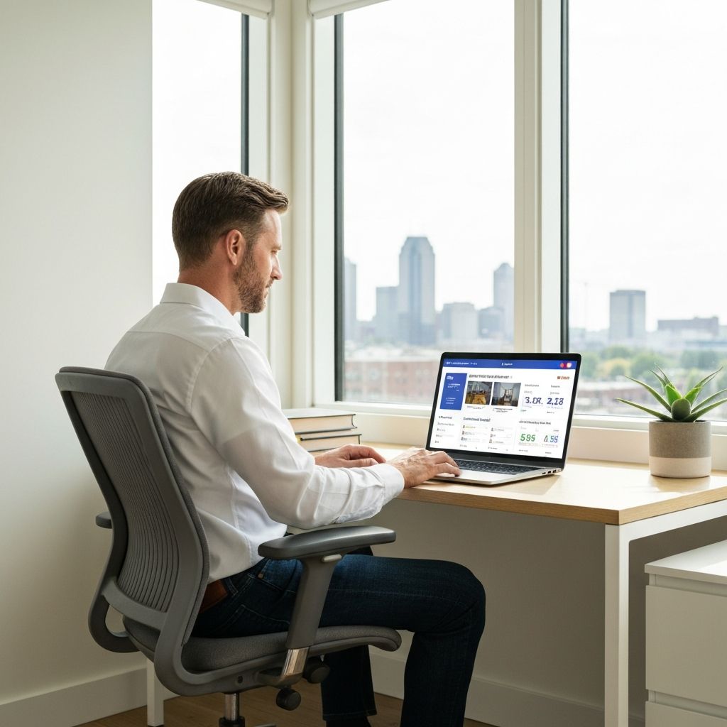 Remote property investor managing Indianapolis rentals from laptop dashboard