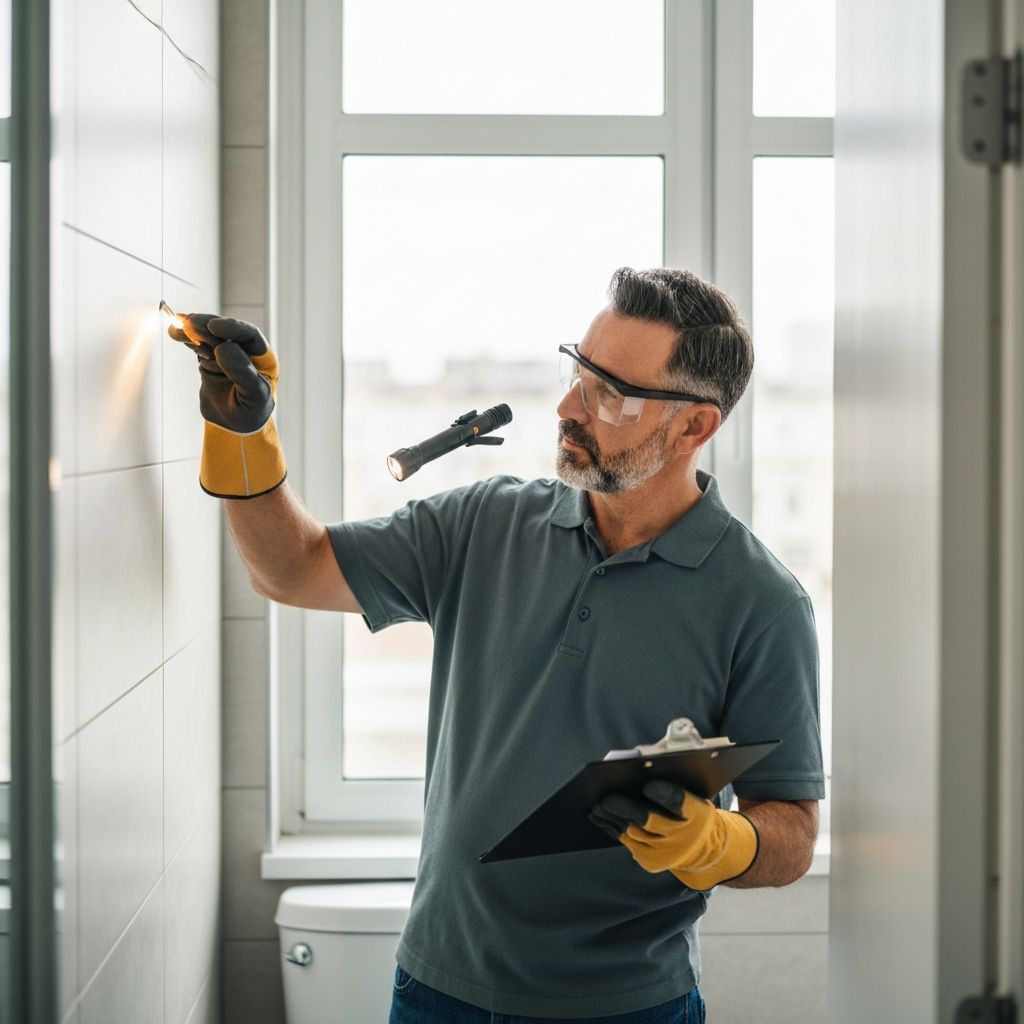Property inspector examining mold in a rental property bathroom during maintenance inspection