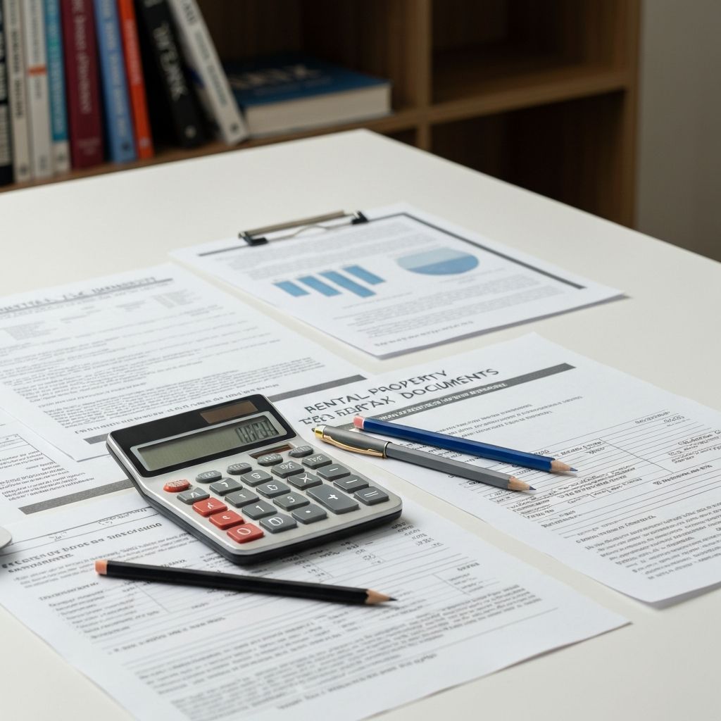 Tax documents and calculator showing rental property deduction calculations